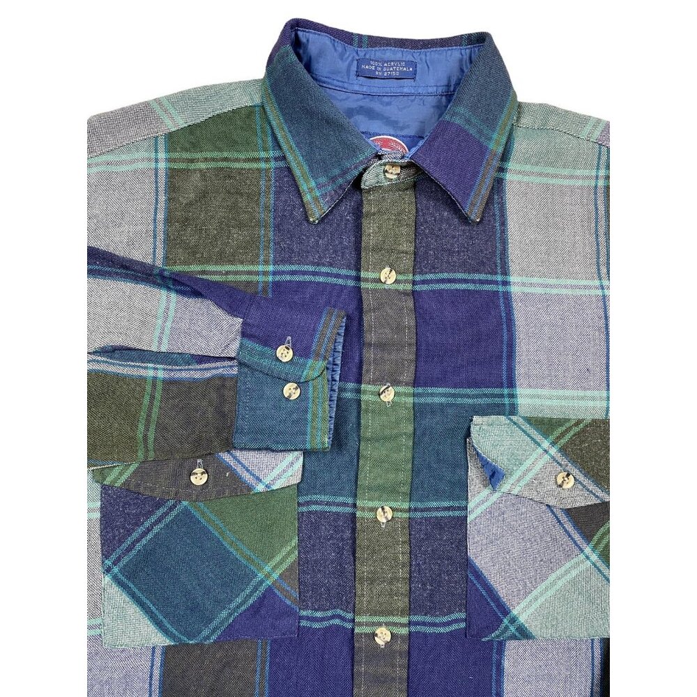 Vintage 90s Flannel Shirt Windowpane Plaid Green Blue Outdoor Camp Size Medium